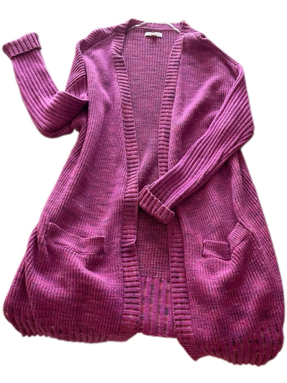 Knox Rose Open-Front Magenta Ribbed Knit Long Cardigan with Pockets - M